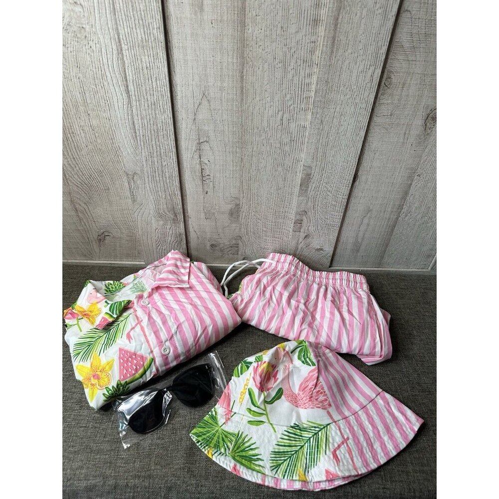 Hawaiian 4 pc Shirt Shorts Set Size XL w/ Bucket Hat & Sunglasses Beach Flamingo